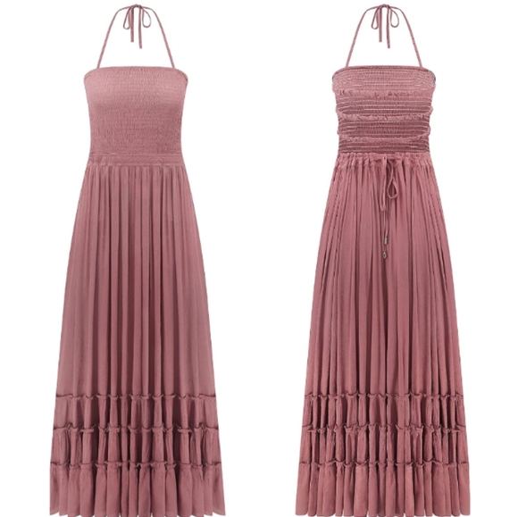 Mauve Pink Boho Maxi Halter Tie Dress Tiered Long Flowy Gauze Bohemian Vacation - Picture 4 of 13